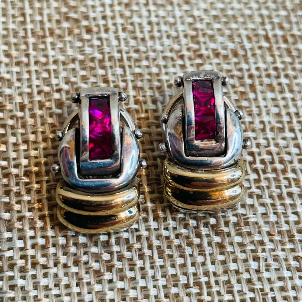 Art Deco Sterling Silver and 18K Gold Earrings with Red Stones